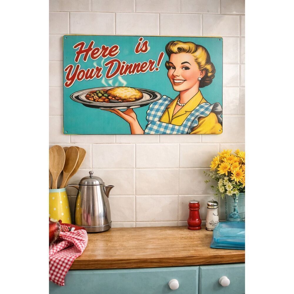 8x12 “Here is Your Dinner!” Metal Sign – Retro 1950s Kitchen Decor Replica